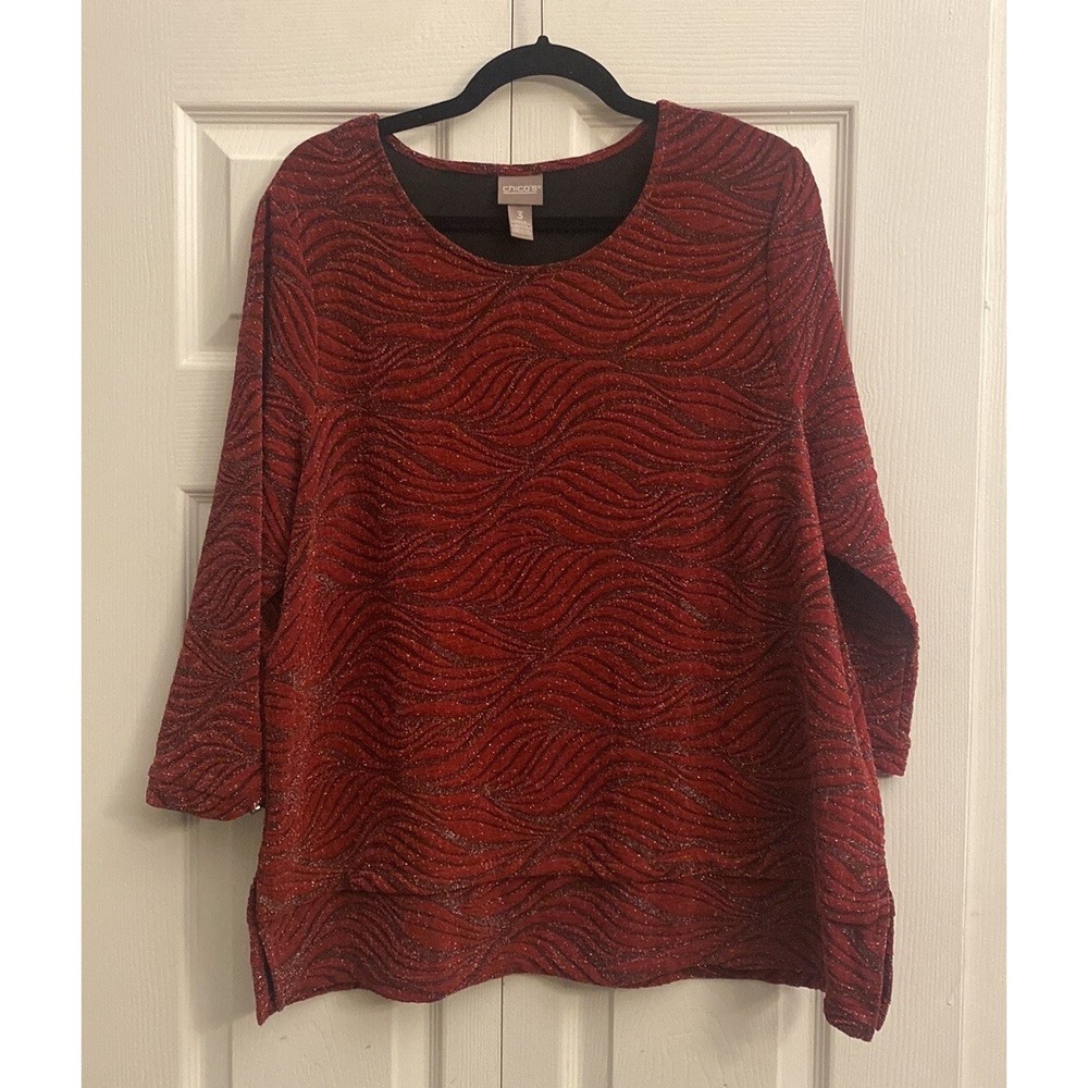 Chicos Metallic Wave Blouse Womens Size 3 XL Red Black Shimmer Holiday Evening